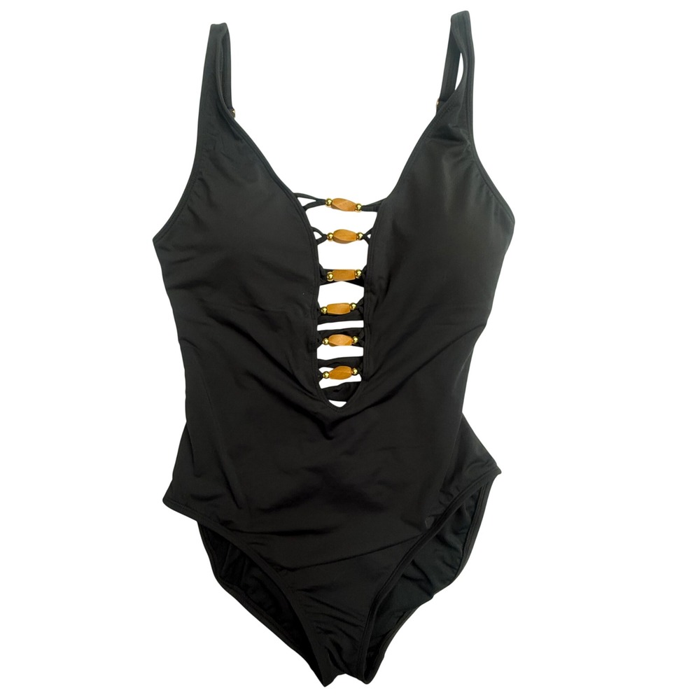 Bleu Rod Beattie Black One Piece Swimsuit Womens 10 Plunge‎ Beaded Swim